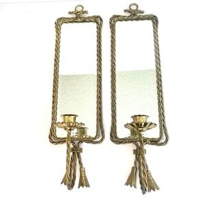 Vintage Brass Mirrored Wall Sconces Pair Rope Twist Border Candle Holders Set 2